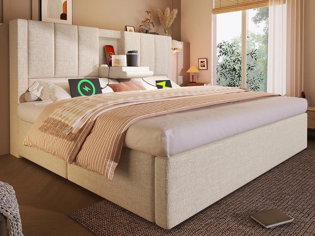 Tapicerowane łóżko z pojemnikiem 160x200cm - z ukrytym schowkiem na kubki - z portami USB i Type-C - z stelażem lamelowym - Len - Beżowy (bez materaca)