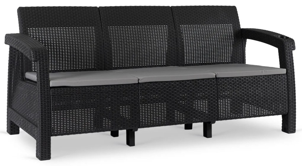 Sofa Ogrodowa FLINT Technorattan Czarna Trzyosobowa