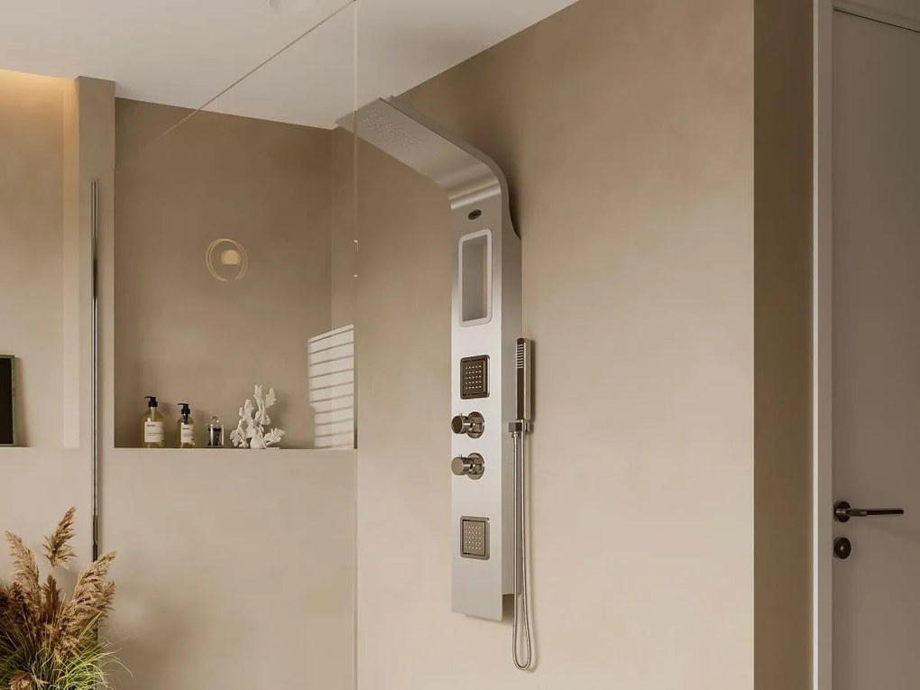 Panel prysznicowy z hydromasażem termostatycznym AMANDA - z półkami - 22*145 cm