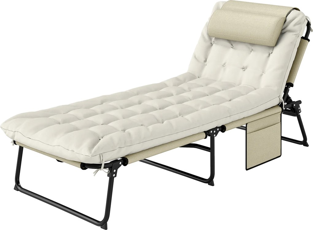 Outsunny Składany Leżak z 4-stopniową Regulacją Oparcia, Poduszką, Boczną Kieszenią, Zagłówkiem, 68 x 189 x 30 cm, Beżowy