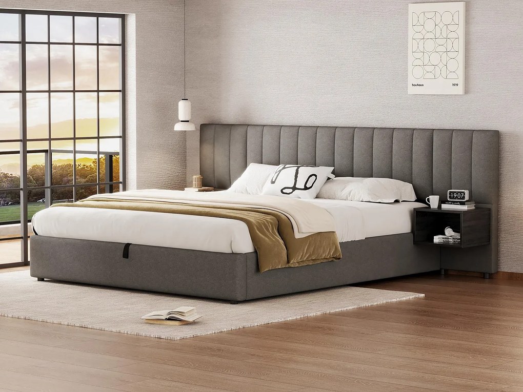 Łóżko 180x200cm z tkaniny lnianej - z 2 stolikami nocnymi i stelażem na listwy - Szary