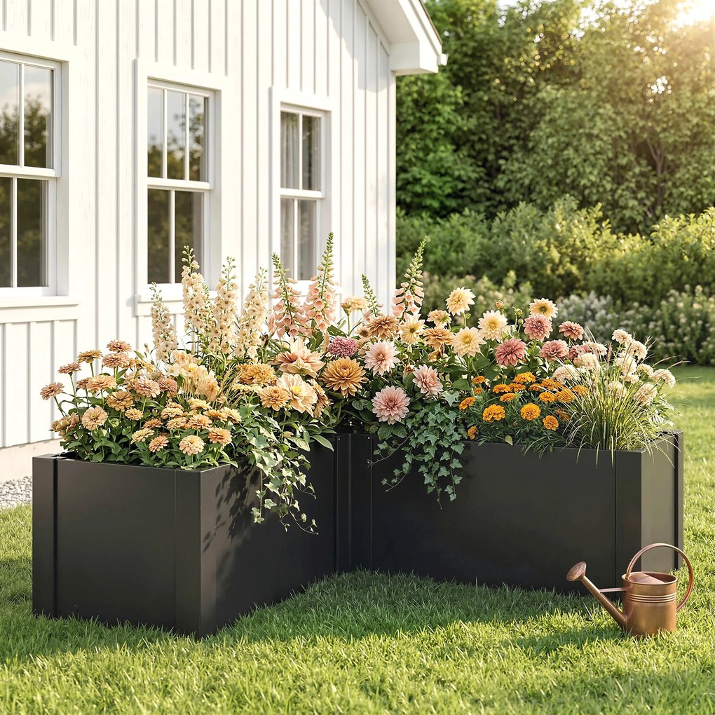 Outsunny Podwyższona grządka w kształcie litery L, odporna na warunki atmosferyczne, wykonana z ocynkowanej stali, 150 x 150 x 55 cm, czarna | Aosom PL