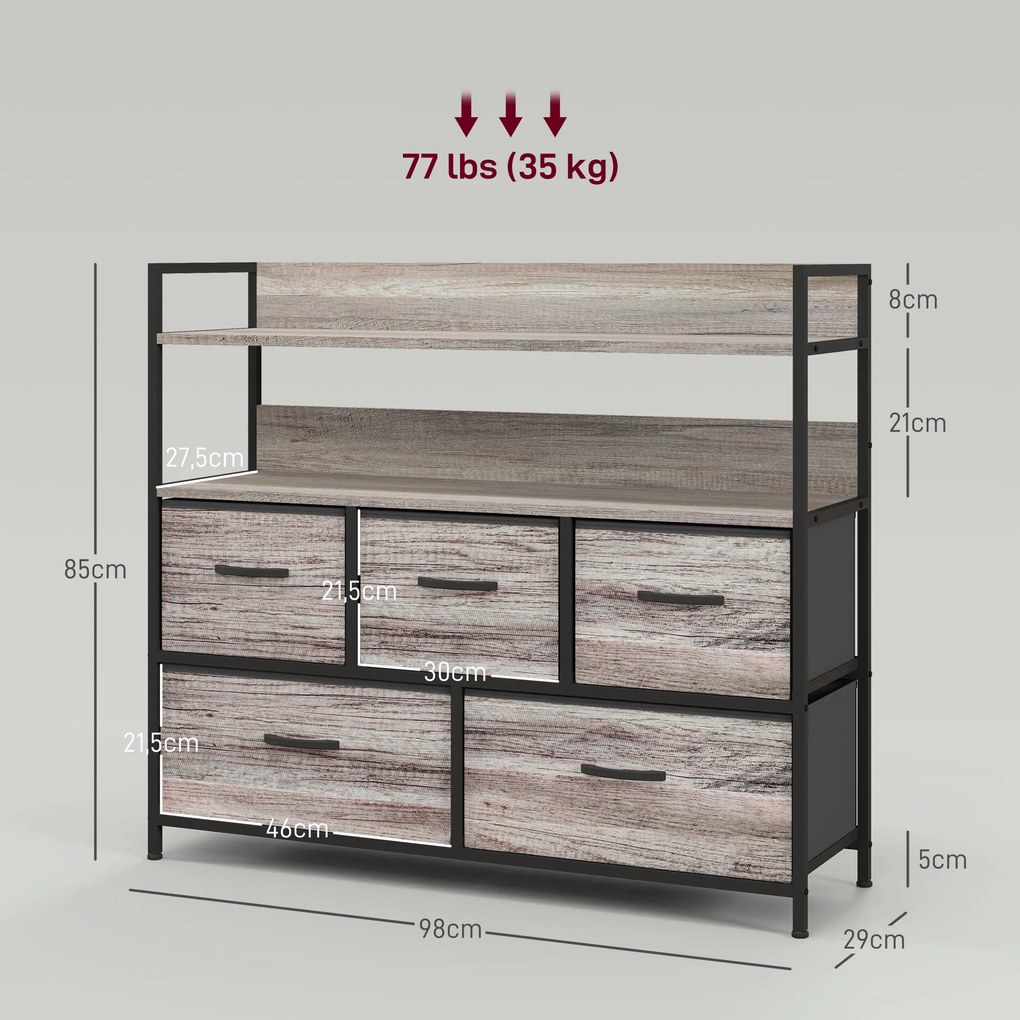 HOMCOM Komoda z tkaniny, 5 składanych szuflad, 2 półki, Stelaż stalowy, 98 x 29 x 85 cm, Szara