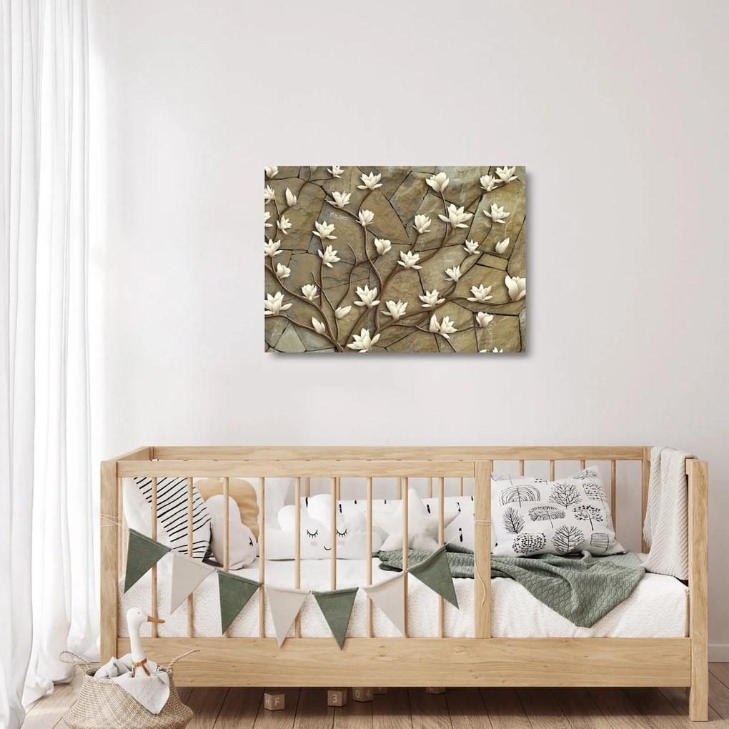 Obraz na szkle - Białe magnolie na murze kamiennym (70x50 cm)
