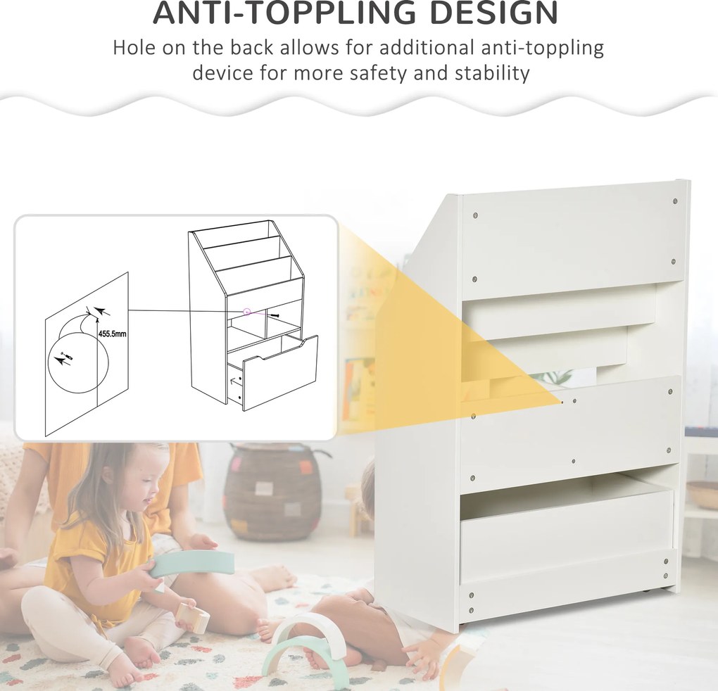 HOMCOM Regał dla Dzieci z Szufladą, Regał na Książki z Półkami, 60 x 29,9 x 90 cm, Biały