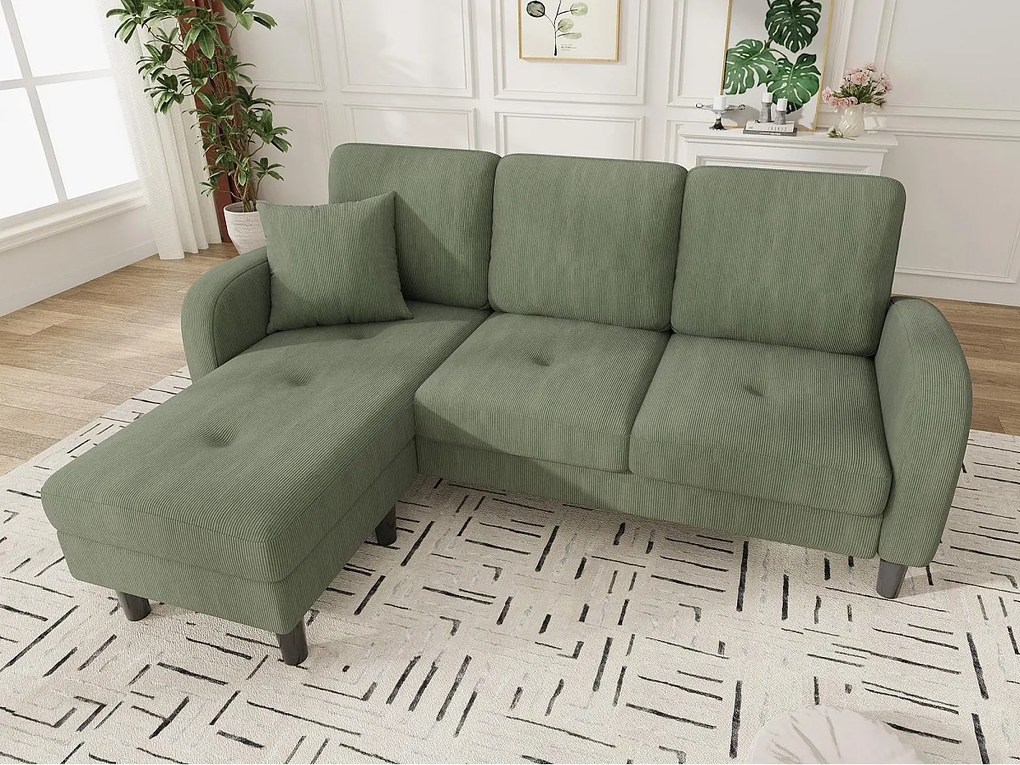 Kanapa narożna z szezlongiem - 3-osobowa - Welur żebrowany - Zielony