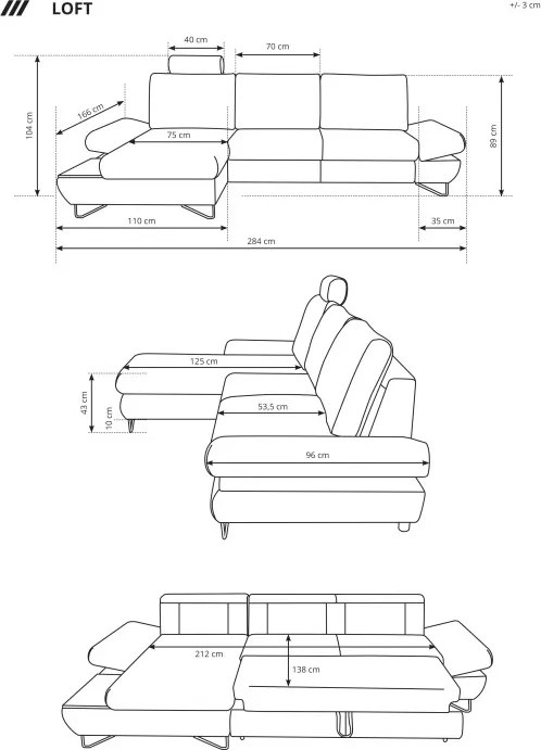 Narożnik LOFT z funkcją spania Regulowane zagłówki i podłokietniki Lewa strona Kronos 22