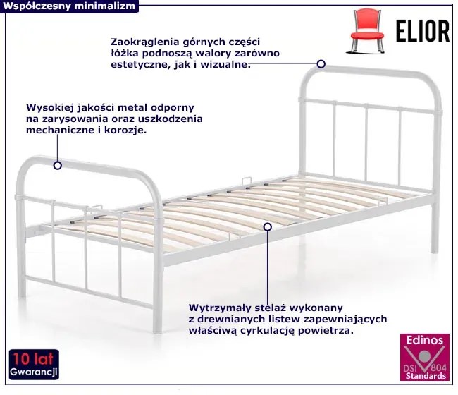 Białe pojedyncze łóżko z metalu 90x200 F7-F49