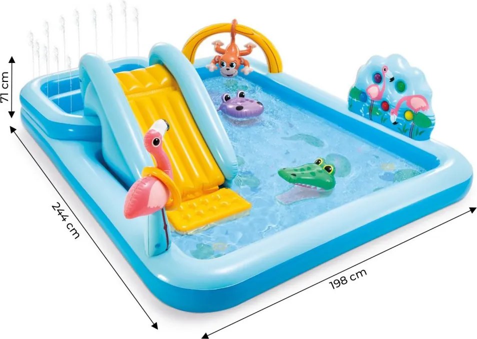 Dmuchany plac zabaw wodny 244x198 cm Intex 161 ze zjeżdżalnią i fontanną