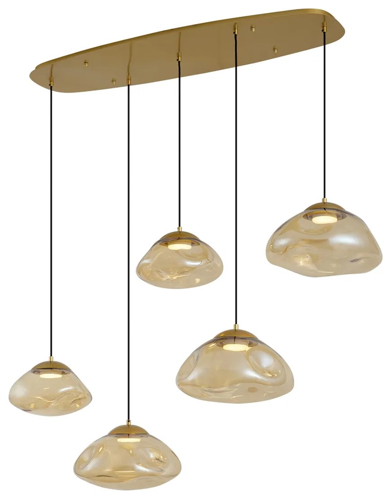Lampa wisząca w stylu Hotel Chic mosiądz ze szkłem w kolorze bursztynowym 5-punktowa - GusElegancki hotelowy Oswietlenie wewnetrzne
