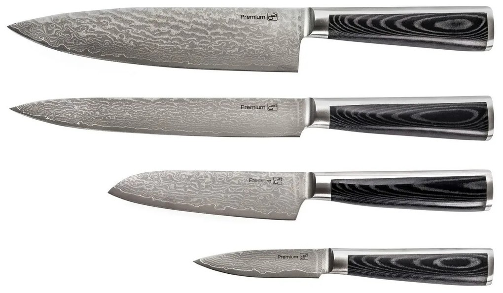 Zestaw noży G21 Damascus Premium w bambusowym bloku, 4 szt. + kamień do ostrzenia