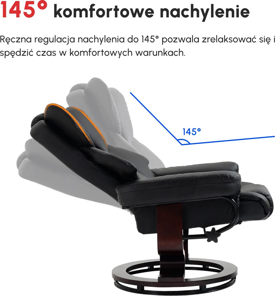HOMCOM Fotel relaksacyjny z obrotowym pufem funkcja leżenia do oglądania TV ekoskóra czarny | Aosom PL