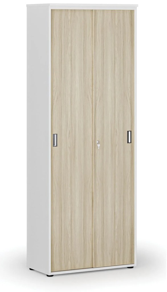 Szafa biurowa z drzwiami przesuwnymi PRIMO WHITE, 800 x 420 x 2128 mm, biały/dąb naturalny