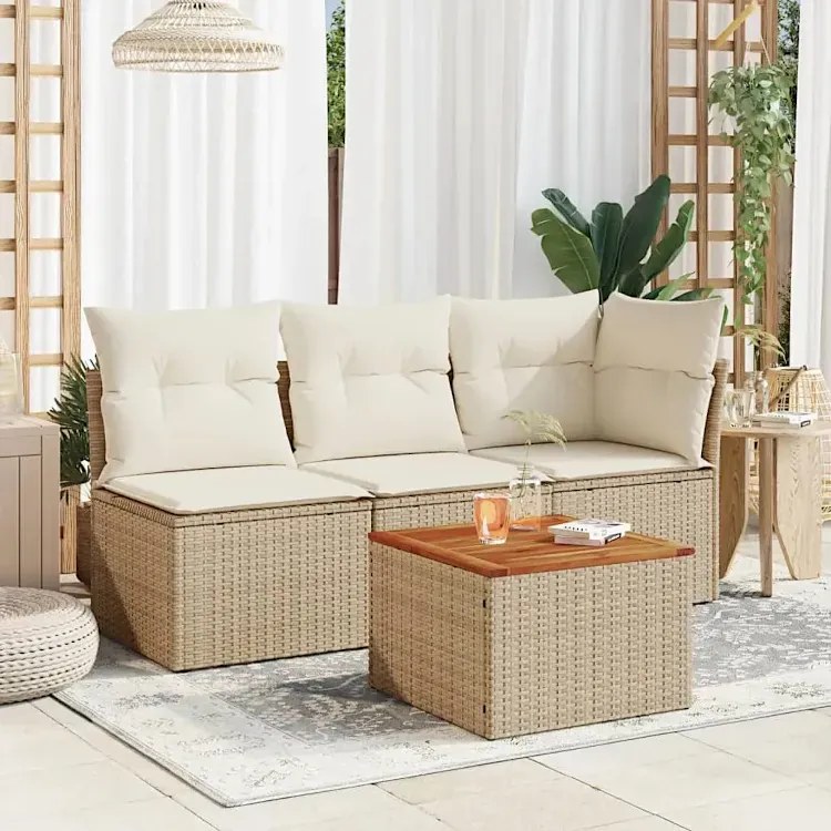 Beżowy stolik kawowy rattanowy w stylu boho - Elbos