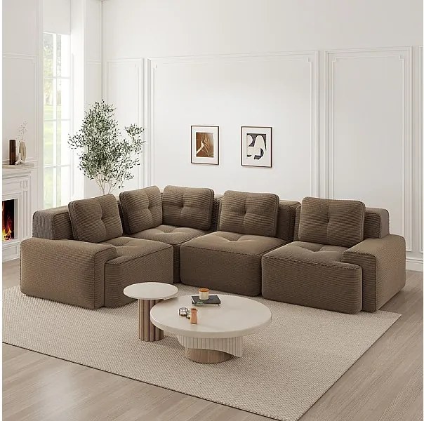 Canapé d'angle gauche modulable en velours côtelé - 4 places - avec 5 coussins - 382x177x69cm - Marron