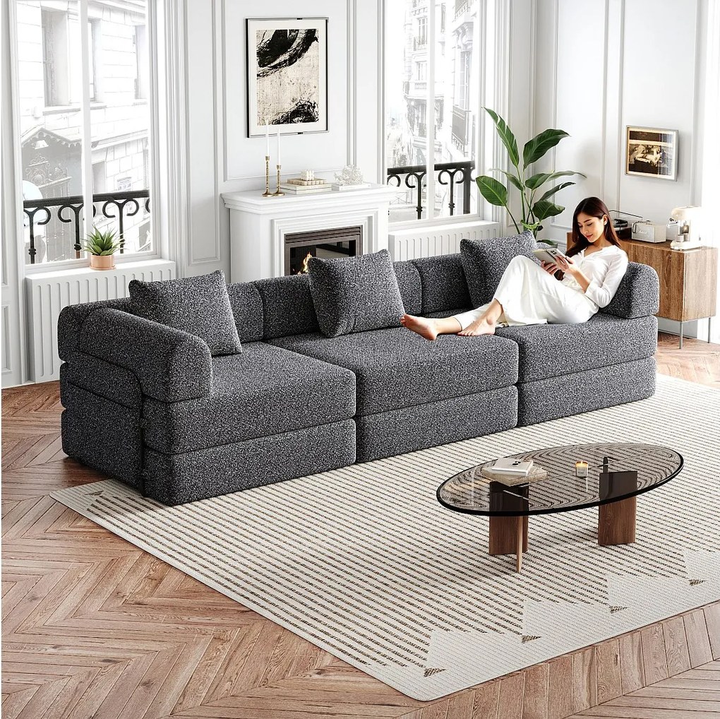 Szara sofa 3-osobowa - Prosta sofa z miejscem do przechowywania i 3 metalowymi stelażami - szenil