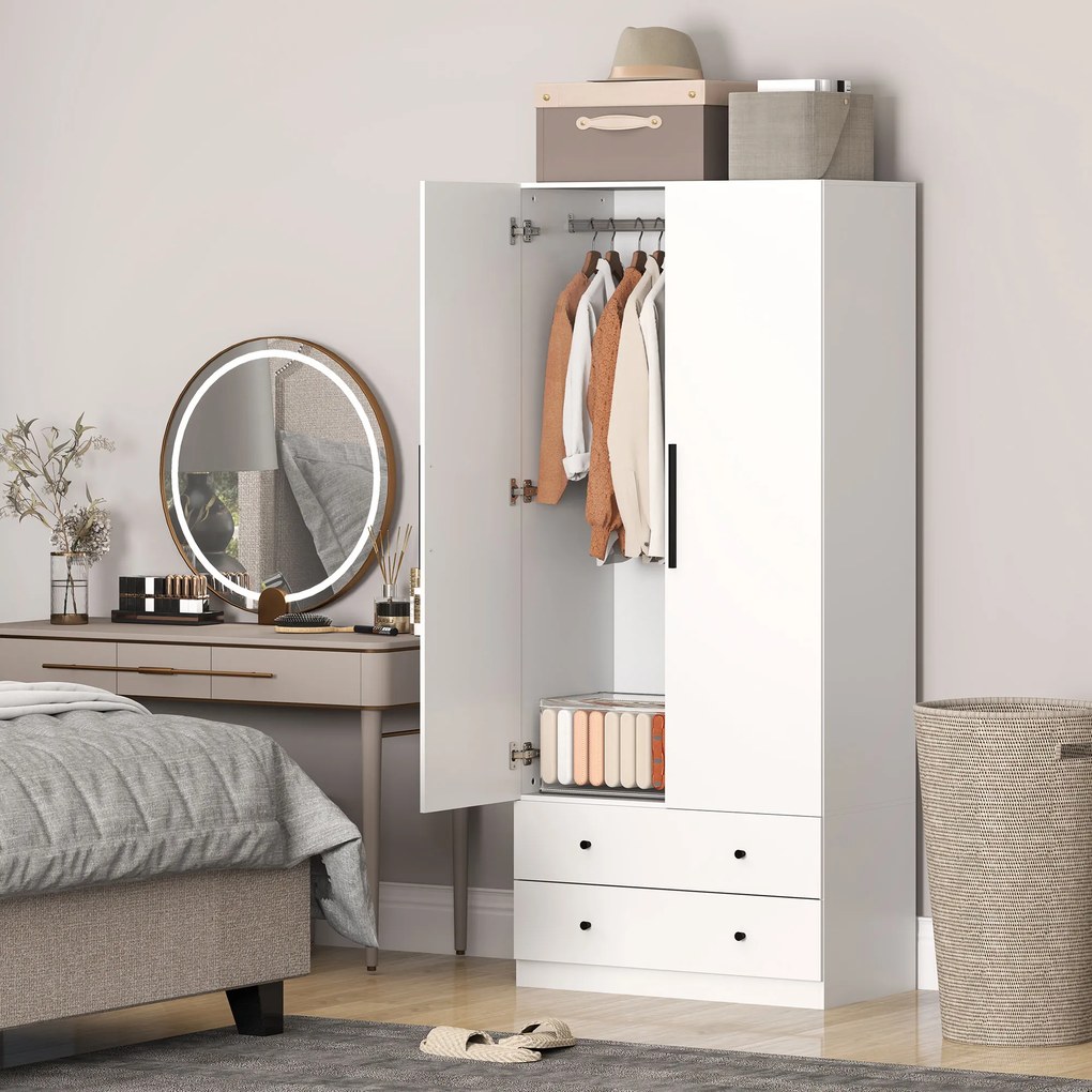 HOMCOM Szafa, 2 Drzwi, Przestrzeń Wisząca, Stanga, 2 Szuflady, Płyta Wiórowa, Biała