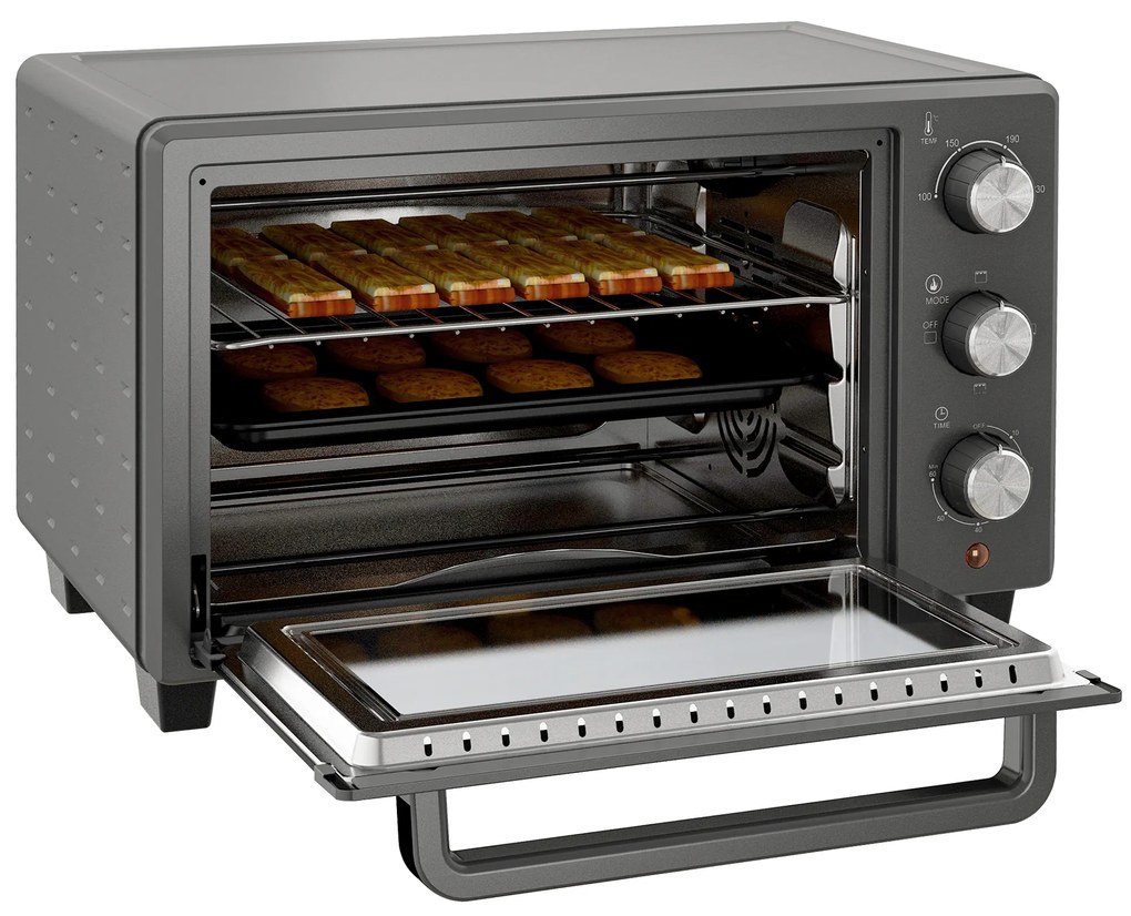 HOMCOM Minipiekarnik, 21 L Piekarnik tosterowy z 1 rusztem i 1 blachą, 3 tryby gotowania, 100 °C-230 °C, Stal nierdzewna, Szkło, Szary