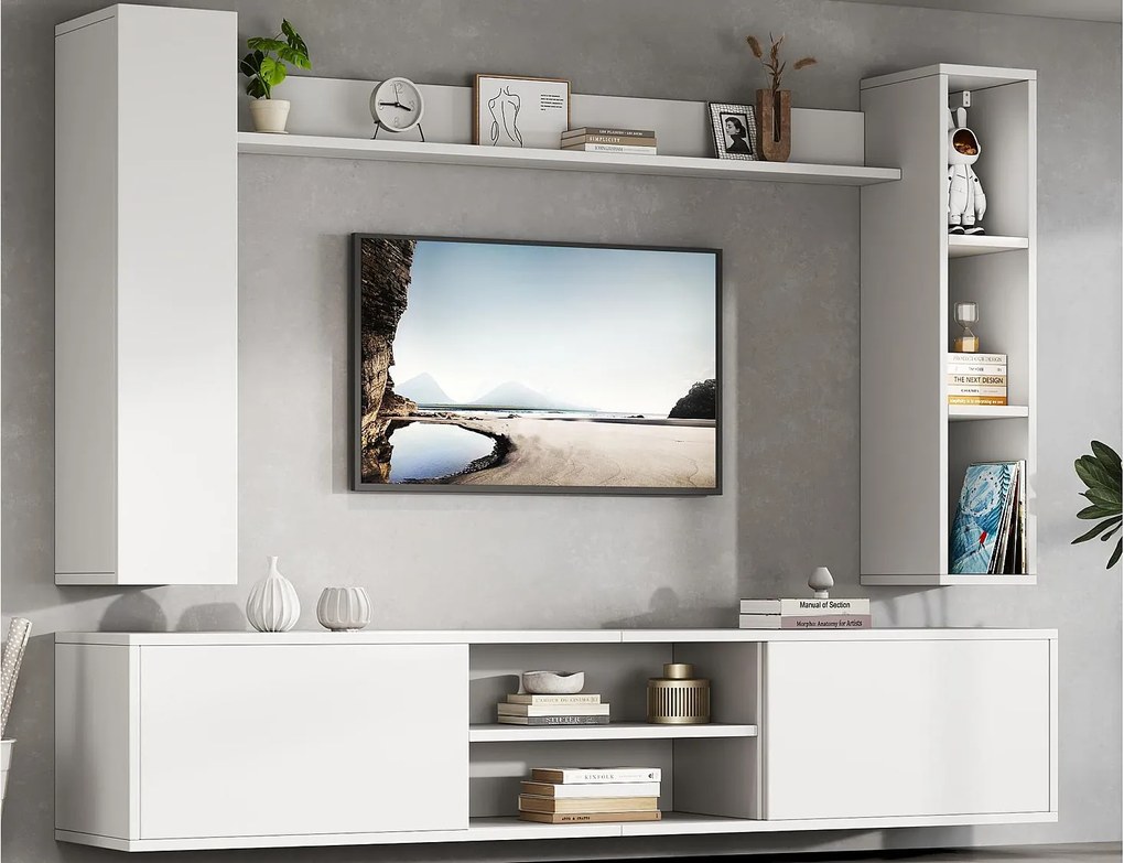 Zestaw mebli TV 4-częściowy - meble TV + 2 meble ścienne + półka ścienna - 1 drzwi i 2 drzwi odchylne - biały