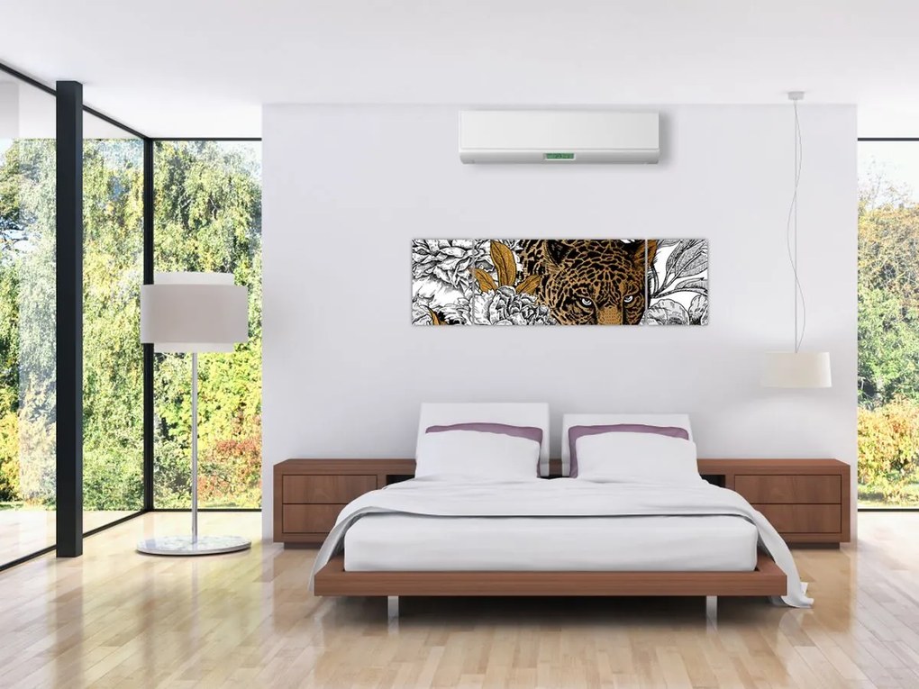 Obraz - Lampart pośród kwiatów (170x50 cm)