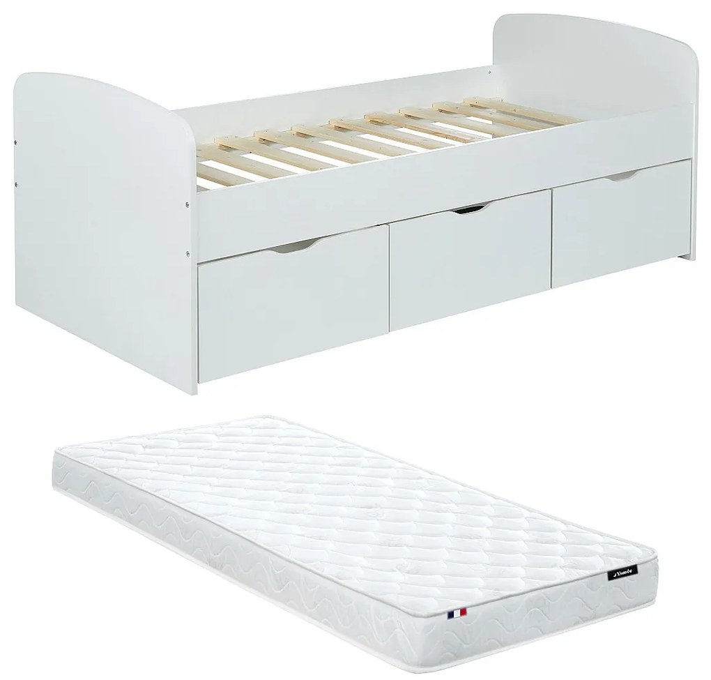 Łóżko LOUANE z 2 szufladami i 1  ze skrzynią na pościel – 90 × 190 cm – kolor biały, z materacem