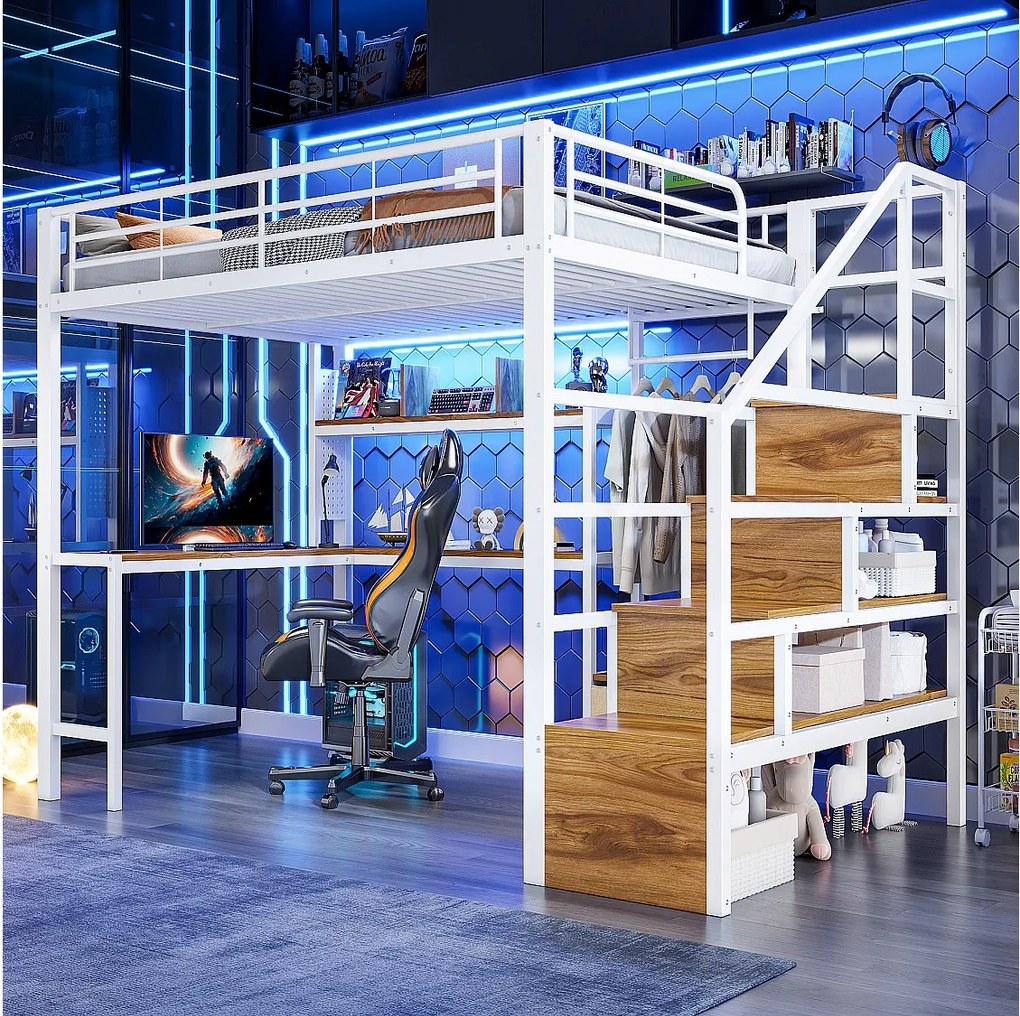 Metalowe łóżko piętrowe dla dzieci - 140 x 200 cm - z 2 szufladami + szafa + oświetlenie LED + biurko + drabinka - białe