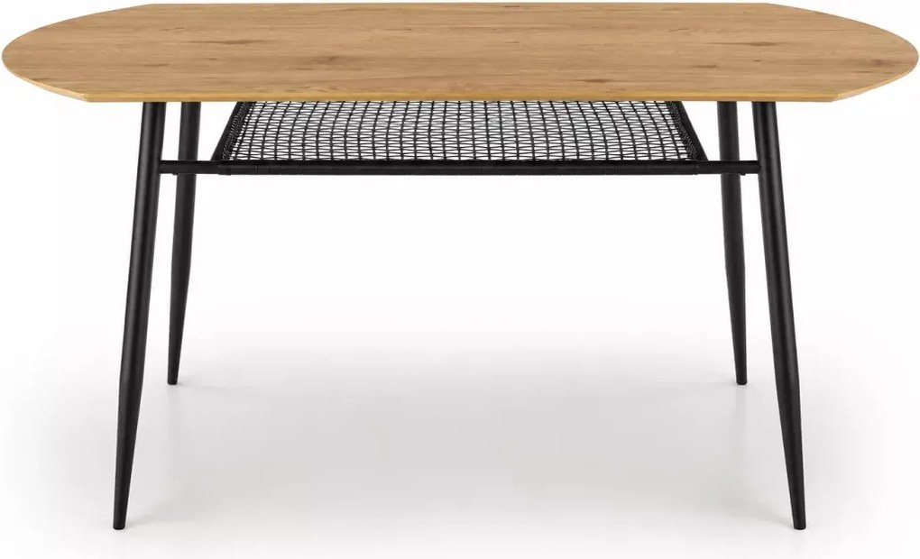 Zaowalony stół Vero 160 x 90 cm z eleganckim blatem w odcieniu złotego dębu i czarnymi nogami oraz półką pod blatem