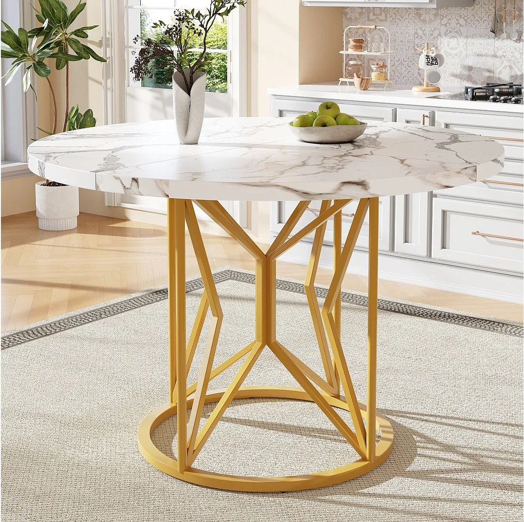 Okrągły stół jadalny dla 4-6 osób - D 100 x W 76 cm - Blat z płyty MDF marmurkowy i nogi metalowe w kolorze złotym - Biały + złoty