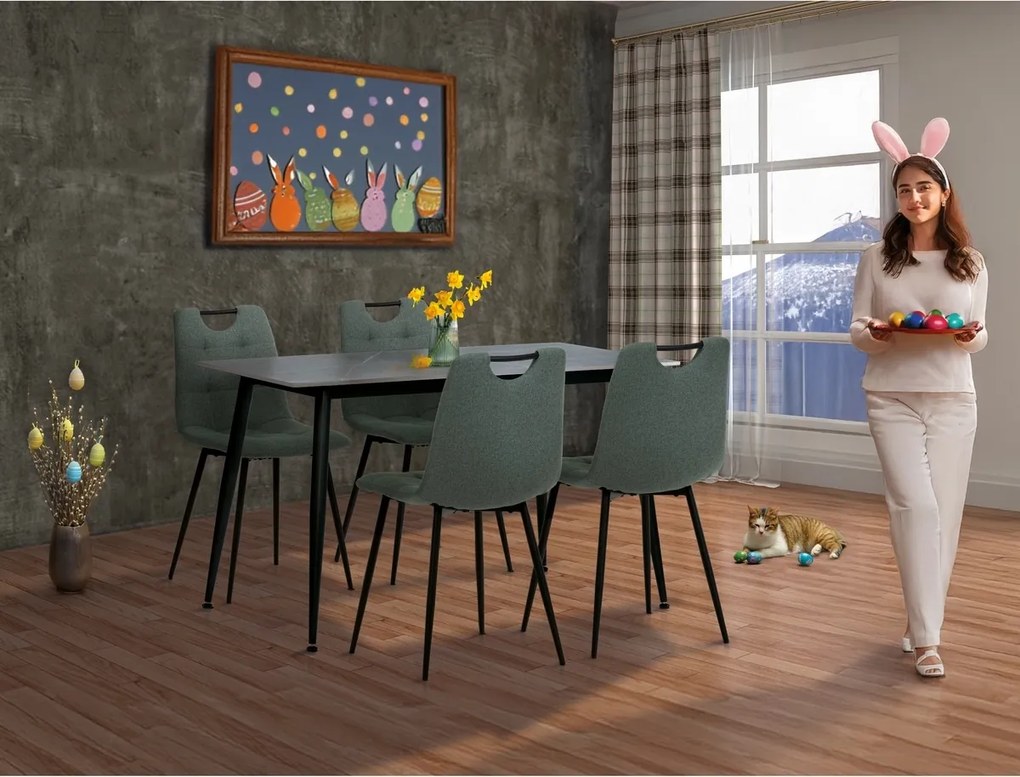 Zestaw jadalniany z blatem ceramicznym i 4 krzesłami, zielony