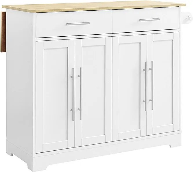 SoBuy Wózek kuchenny na kółkach z wysuwanym blatem, 2 szufladami i półkami regulowanymi, oszczędzająca miejsce, biały, 113x91x44-69 cm