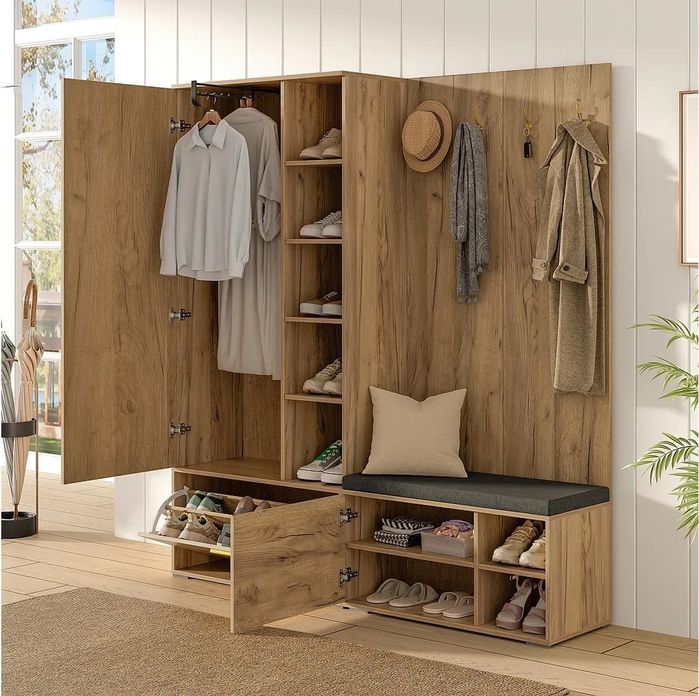 Szafka na buty z lustrem, ławką, 3 drzwiami i 4 wieszakami - Płyta wiórowa - 160 x 38 x 180 cm - Naturalna