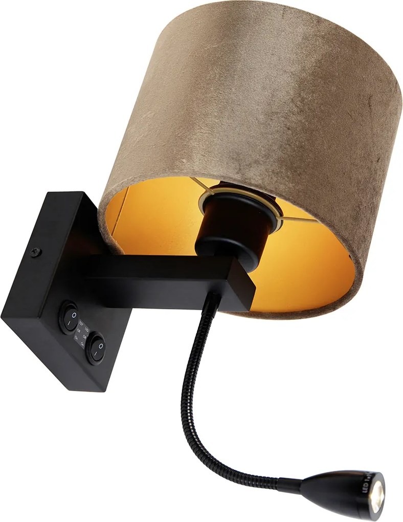 Lampa ścienna czarna z brązowym aksamitnym abażurem 18 cm - Brescia