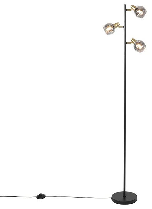 Lampa podłogowa art deco czarna i złota z przydymionym szkłem 3-punktowa - Vidro