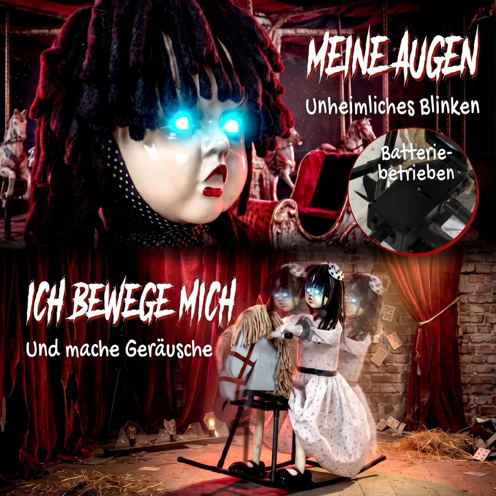 HOMCOM Animowana dziewczynka Halloween na koniku bujanym z upiornymi rymowankami, świecącymi oczami i aktywacją dźwiękową/dotykową | Aosom PL