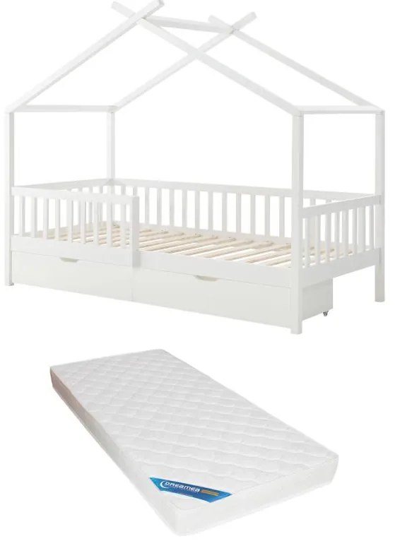 Łóżko domek 90 x 190 cm z szufladami - Drewno sosnowe i MDF - Biały + Materac - KIRALIO