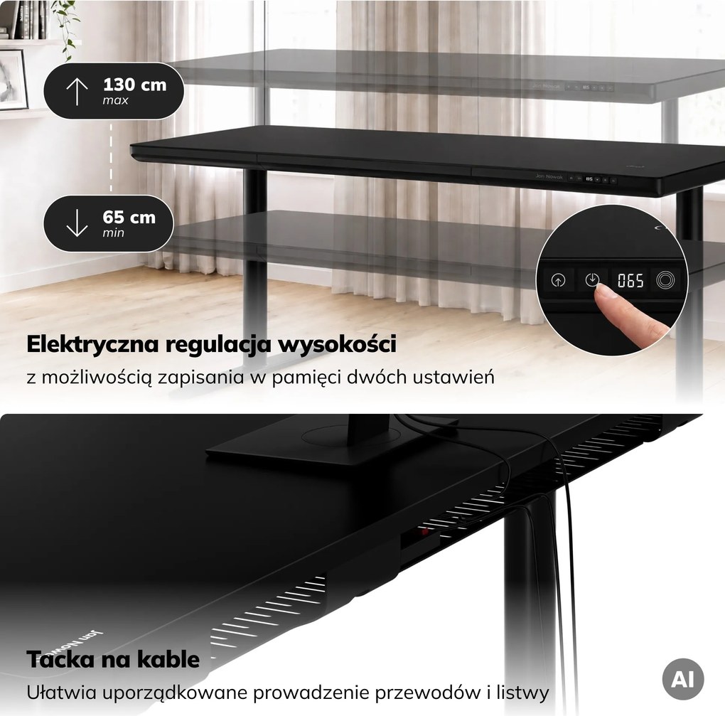 Biurko elektryczne sit-stand z szufladą i ładowarką bezprzewodową Qi czarne, 1600 mm: ELLIS