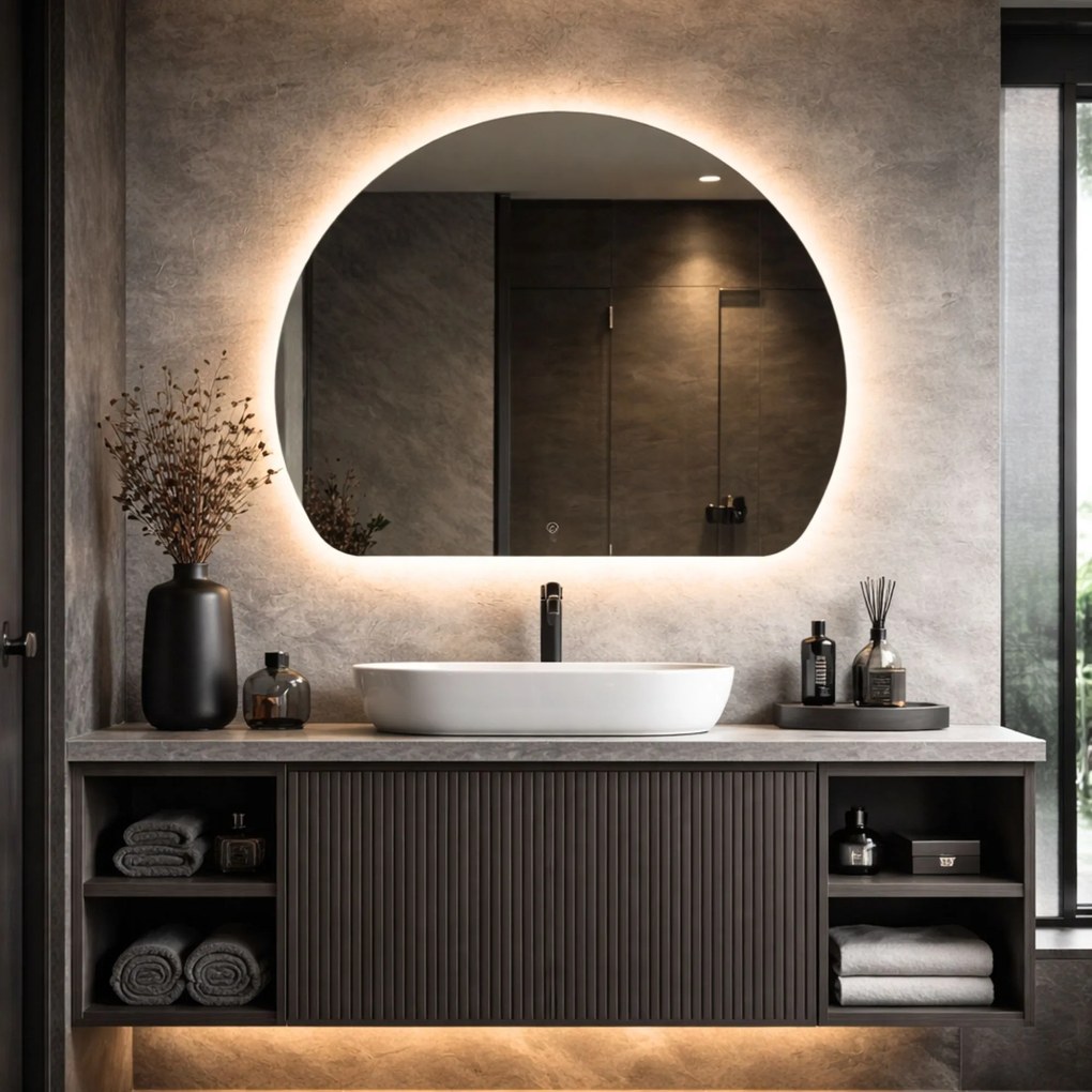 Lustro półokrągłe oszlifowane z podświetleniem MOON Orbit LED | Różne rozmiary | Różne kolory : Kolor tafli szkła - Grafit, Rozmiar - 100 x 90 cm