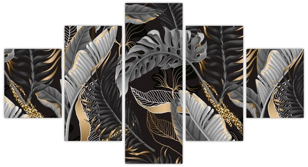 Obraz - Tropikalne liście w kolorze czarno - złotym (125x70 cm)