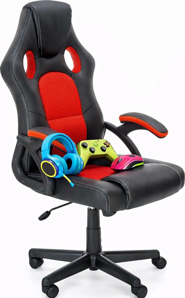 Fotel Gamingowy Tapicerowany Czarny Młodzieżowy + Czerwony A0-H88