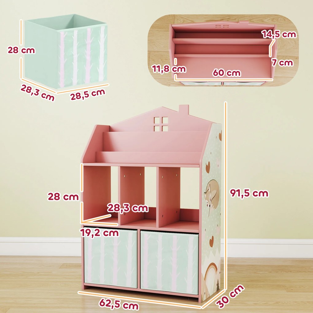 AIYAPLAY Regał dziecięcy na książki i zabawki z 2 materiałowymi szufladami, dla dzieci 3-8 lat, różowy, 62,5x30x91,5 cm | Aosom PL