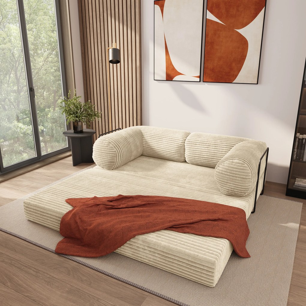 Masseno Sofa piankowa ALVIO z funkcją spania, Kanapa z pianki do salonu, Bezmontażowa, Tkanina sztruksowa – Kremowy TILIA 03