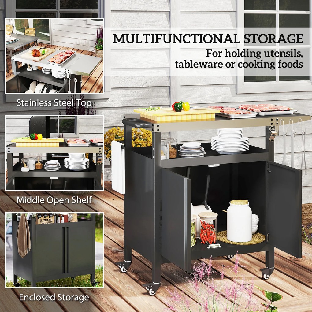 Outsunny Wózek Grillowy 3-Poziomy z Powierzchnią Roboczą Szafką Haczykami i Kołami 116x50x93cm Czarny