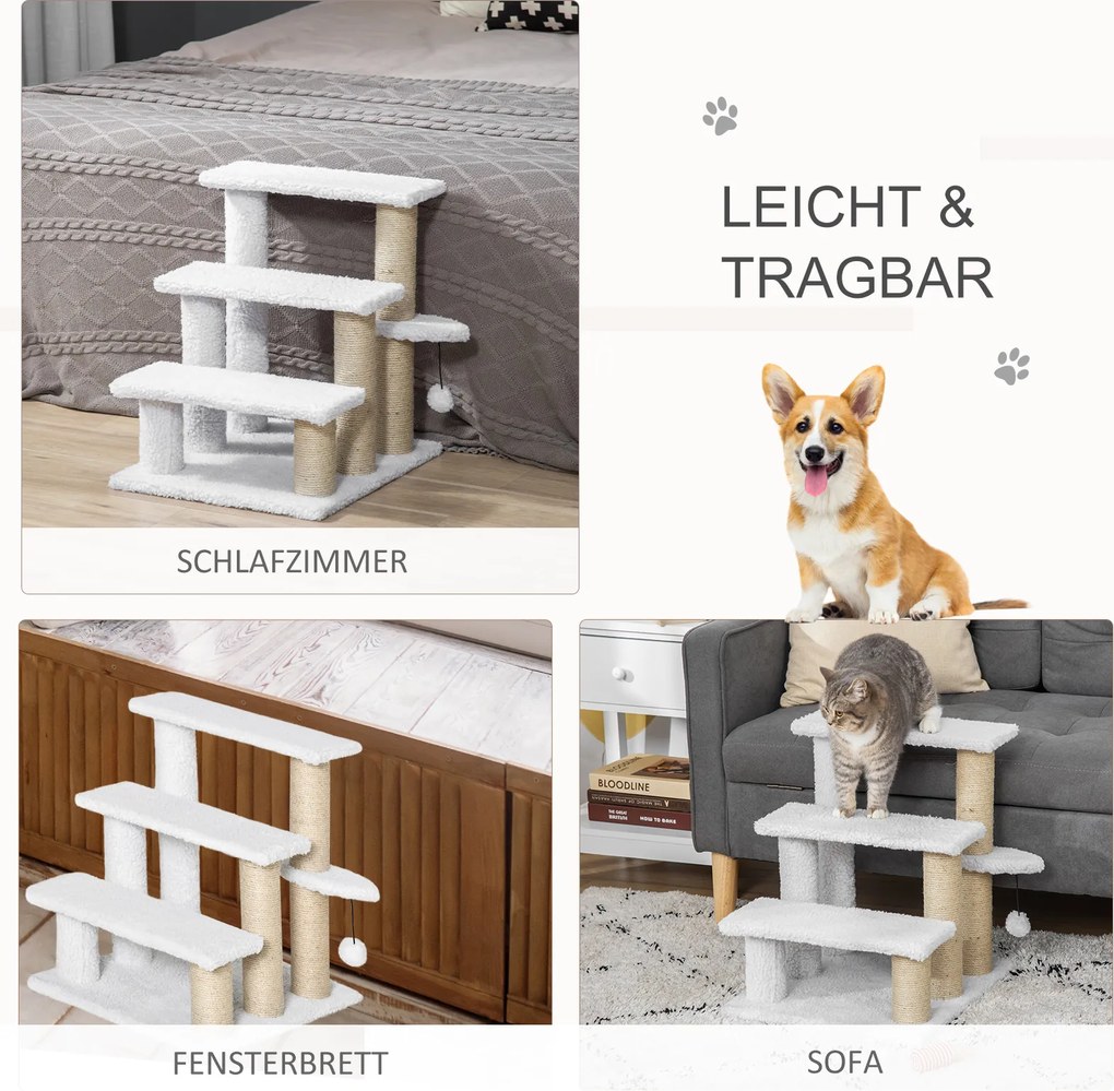 PawHut Schody dla psa i kota z drapakiem 3 poziomy białe 45x40x48 cm plusz juta rampy do łóżka legowisko słupek z piłeczką dla małych psów | Aosom PL