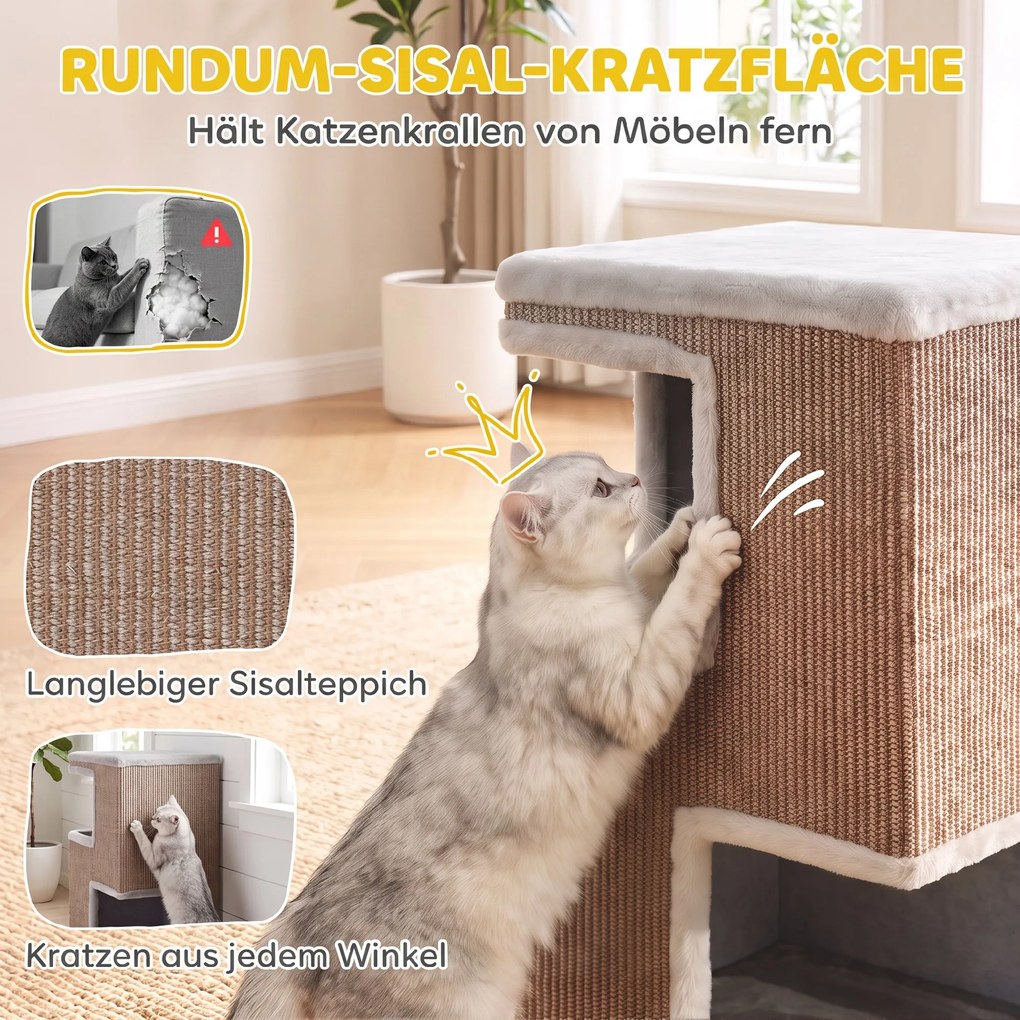 PawHut 3-poziomowa beczka dla kota do wnętrz, półzamknięty domek z powierzchniami do drapania dookoła, 2 kryjówki dla kotów | Aosom PL