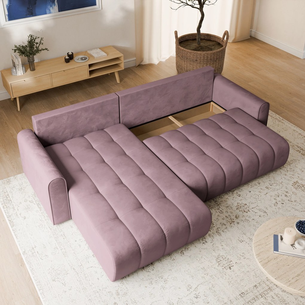 Masseno Narożnik FRIGA z funkcją spania i pojemnikiem na pościel Narozniki L, Rozkładana sofa - Wrzosowy, MONOLITH 62