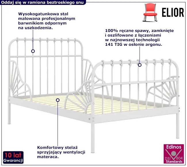 Białe metalowe łóżko rosnące z dzieckiem rozsuwane 80x130/200 cm K9-T61