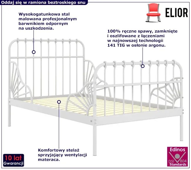 Białe metalowe łóżko rosnące z dzieckiem rozsuwane 80x130/200 cm Monati
