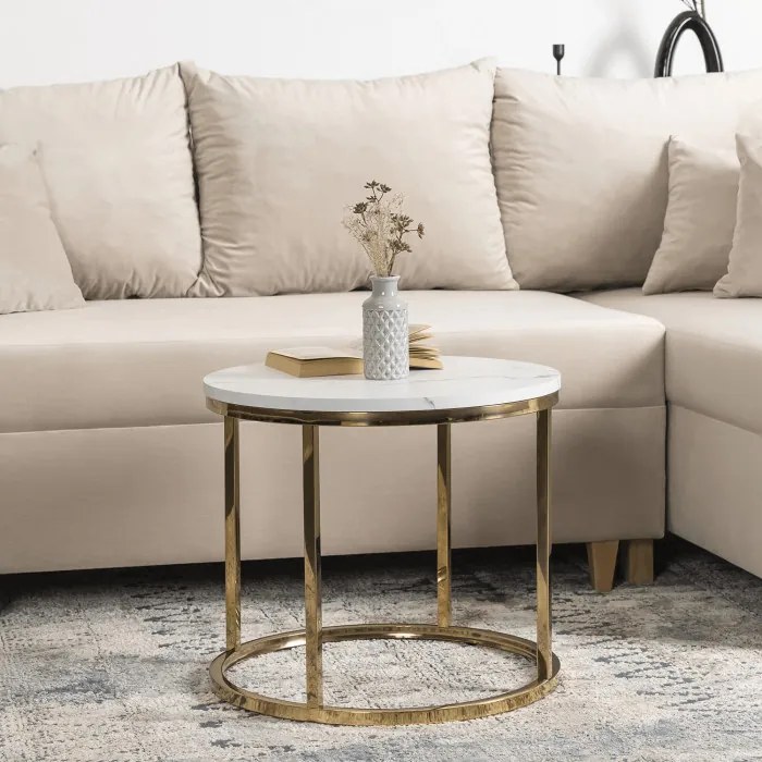 Stolik Kawowy CLIFF 53 cm Biały Marmur/Złoty Nowoczesny Glamour