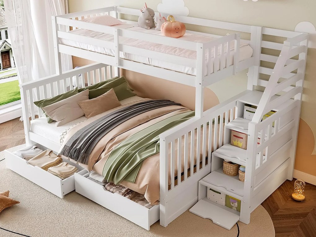 Łóżko piętrowe 90x200 + 140x200 cm - z 2 szufladami - schody z miejscem do przechowywania i barierkami bezpieczeństwa - Biały (materac nie jest w zestawie)