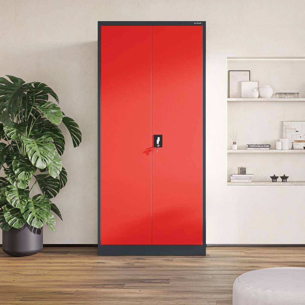 Szafa na dokumenty biurowa metalowa antracytowo-czerwona: JAN H, 900 x 1950 x 400 mm